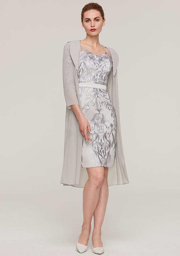 Knee-Length Chiffon Mother of the Bride Dress with Jacket Appliqued Waistband, 3/4 Sleeve V Neck Sheath/Column
