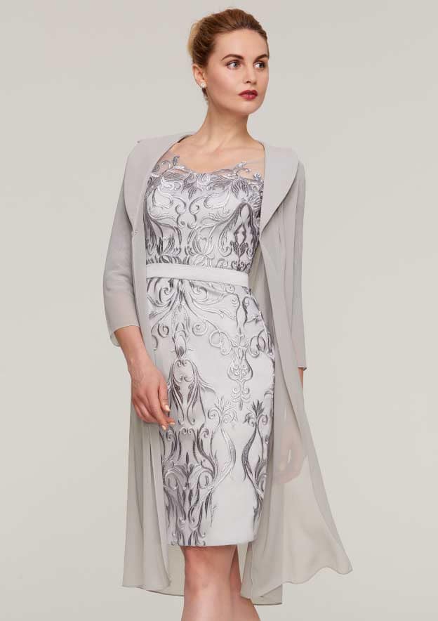 Knee-Length Chiffon Mother of the Bride Dress with Jacket Appliqued Waistband, 3/4 Sleeve V Neck Sheath/Column