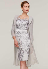 Knee-Length Chiffon Mother of the Bride Dress with Jacket Appliqued Waistband, 3/4 Sleeve V Neck Sheath/Column
