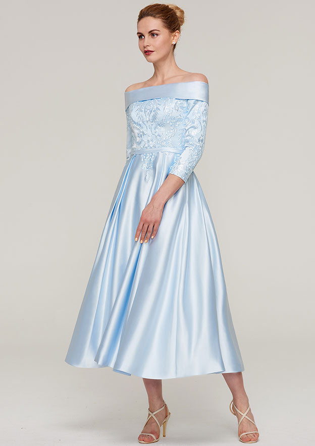 Tea-Length Satin Mother of the Bride Dress with Appliqued Sashes, 3/4 Sleeve Off-the-Shoulder A-line