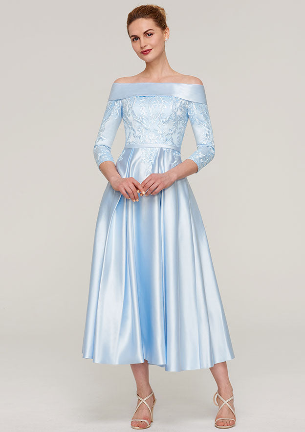 Tea-Length Satin Mother of the Bride Dress with Appliqued Sashes, 3/4 Sleeve Off-the-Shoulder A-line