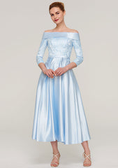 Tea-Length Satin Mother of the Bride Dress with Appliqued Sashes, 3/4 Sleeve Off-the-Shoulder A-line
