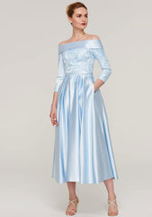 Tea-Length Satin Mother of the Bride Dress with Appliqued Sashes, 3/4 Sleeve Off-the-Shoulder A-line