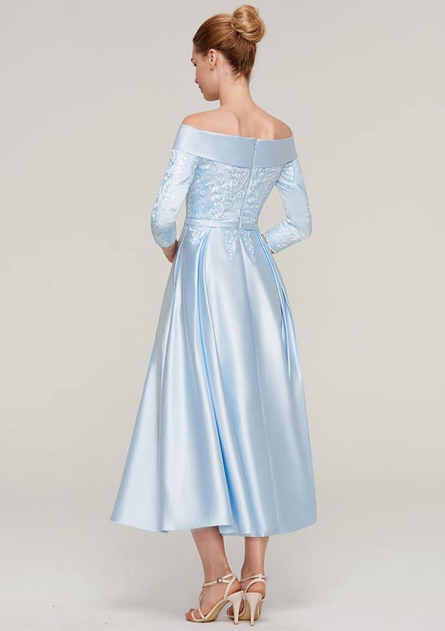 Tea-Length Satin Mother of the Bride Dress with Appliqued Sashes, 3/4 Sleeve Off-the-Shoulder A-line