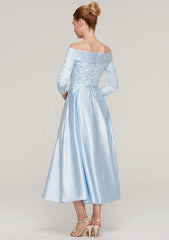 Tea-Length Satin Mother of the Bride Dress with Appliqued Sashes, 3/4 Sleeve Off-the-Shoulder A-line