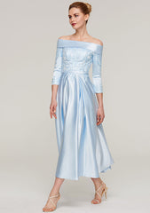 Tea-Length Satin Mother of the Bride Dress with Appliqued Sashes, 3/4 Sleeve Off-the-Shoulder A-line