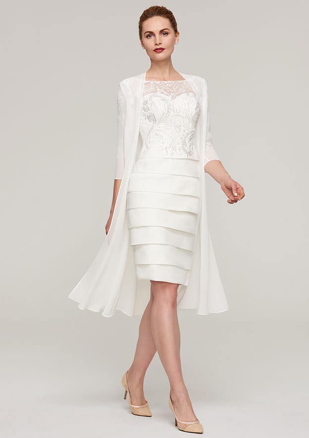 Knee-Length Elastic Satin Mother of the Bride Dress with Jacket Appliqued Pleated, 3/4 Sleeve Bateau Sheath/Column