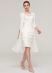 Knee-Length Elastic Satin Mother of the Bride Dress with Jacket Appliqued Pleated, 3/4 Sleeve Bateau Sheath/Column