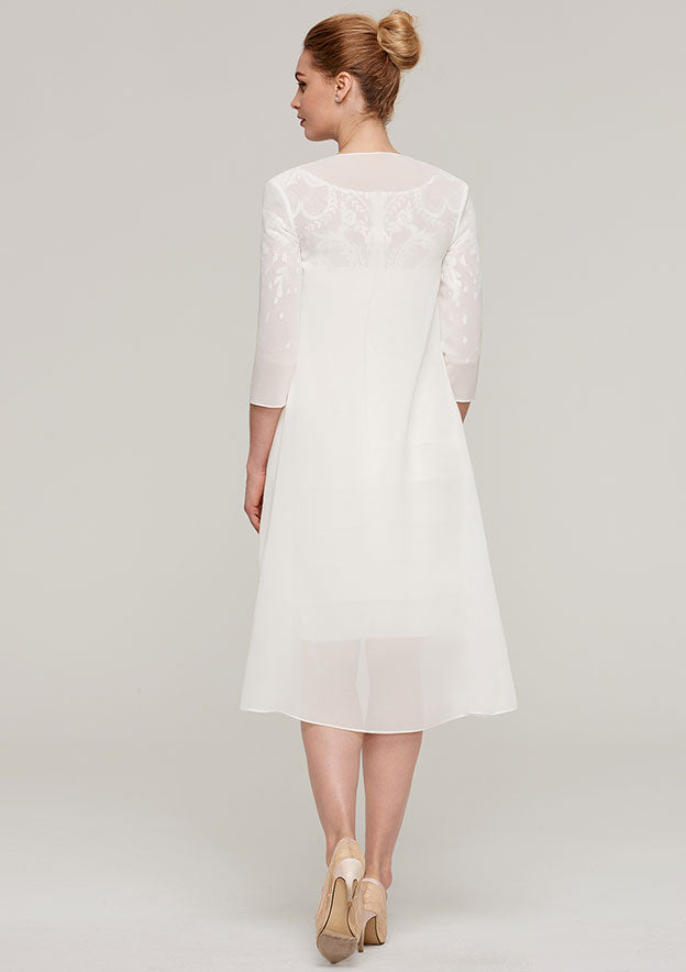 Knee-Length Elastic Satin Mother of the Bride Dress with Jacket Appliqued Pleated, 3/4 Sleeve Bateau Sheath/Column