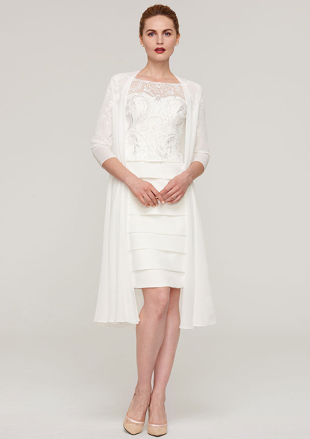 Knee-Length Elastic Satin Mother of the Bride Dress with Jacket Appliqued Pleated, 3/4 Sleeve Bateau Sheath/Column