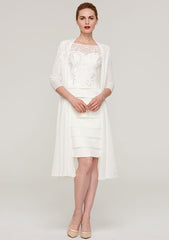 Knee-Length Elastic Satin Mother of the Bride Dress with Jacket Appliqued Pleated, 3/4 Sleeve Bateau Sheath/Column