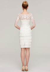 Knee-Length Elastic Satin Mother of the Bride Dress with Jacket Appliqued Pleated, 3/4 Sleeve Bateau Sheath/Column