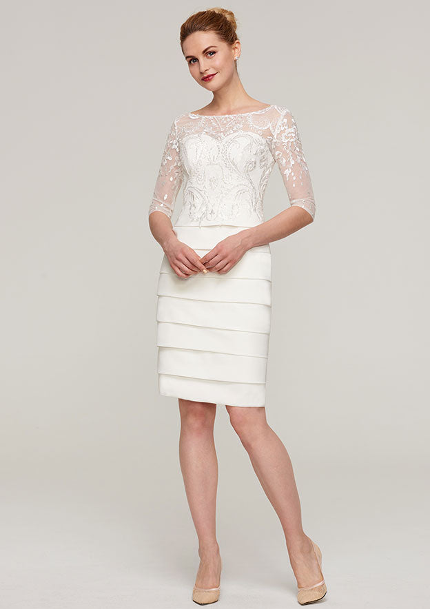 Knee-Length Elastic Satin Mother of the Bride Dress with Jacket Appliqued Pleated, 3/4 Sleeve Bateau Sheath/Column