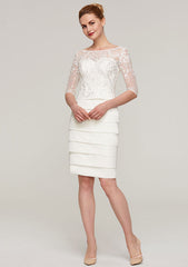 Knee-Length Elastic Satin Mother of the Bride Dress with Jacket Appliqued Pleated, 3/4 Sleeve Bateau Sheath/Column