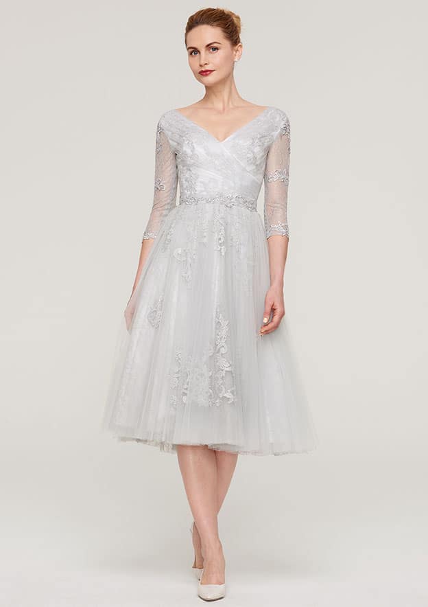 Tea-Length Tulle Mother of the Bride Dress with Waistband Appliqued Lace, 3/4 Sleeve V Neck A-line