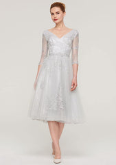 Tea-Length Tulle Mother of the Bride Dress with Waistband Appliqued Lace, 3/4 Sleeve V Neck A-line