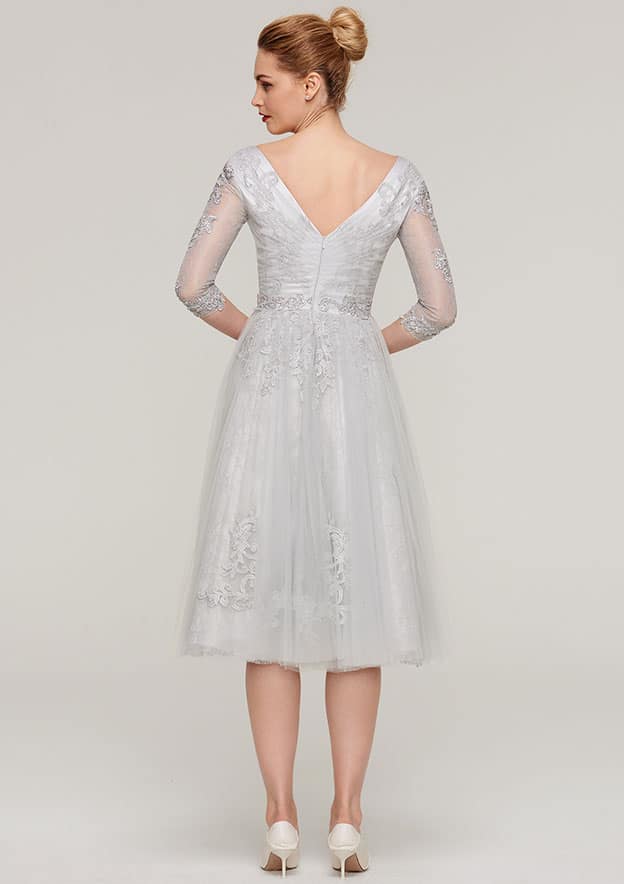 Tea-Length Tulle Mother of the Bride Dress with Waistband Appliqued Lace, 3/4 Sleeve V Neck A-line