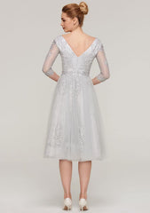 Tea-Length Tulle Mother of the Bride Dress with Waistband Appliqued Lace, 3/4 Sleeve V Neck A-line