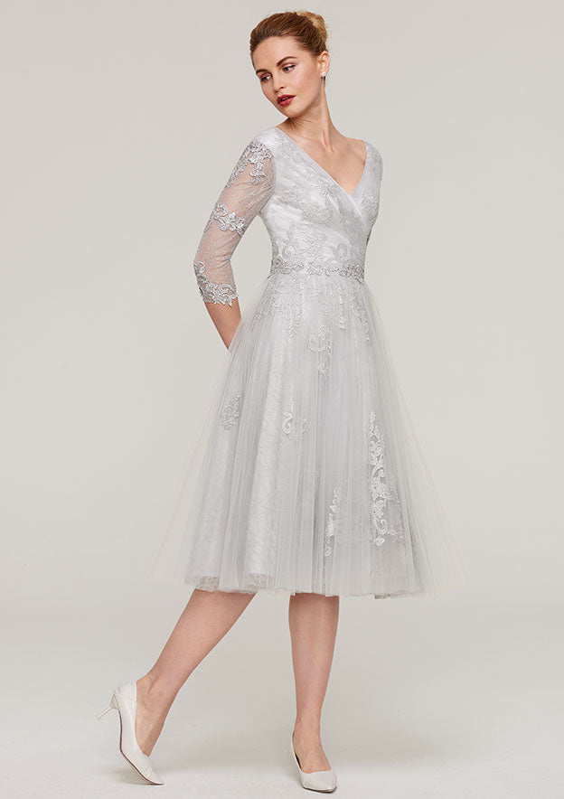 Tea-Length Tulle Mother of the Bride Dress with Waistband Appliqued Lace, 3/4 Sleeve V Neck A-line