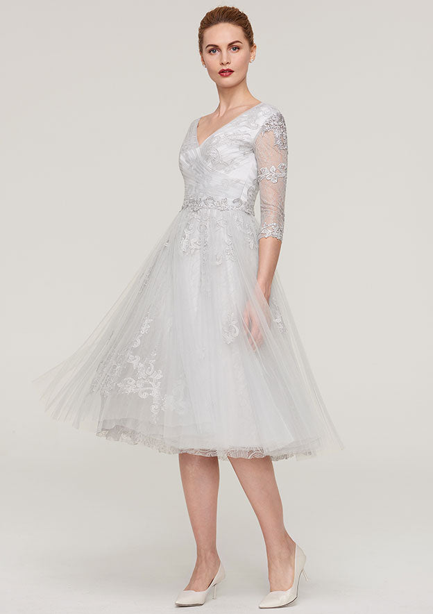 Tea-Length Tulle Mother of the Bride Dress with Waistband Appliqued Lace, 3/4 Sleeve V Neck A-line