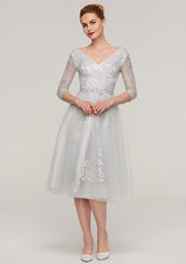 Tea-Length Tulle Mother of the Bride Dress with Waistband Appliqued Lace, 3/4 Sleeve V Neck A-line