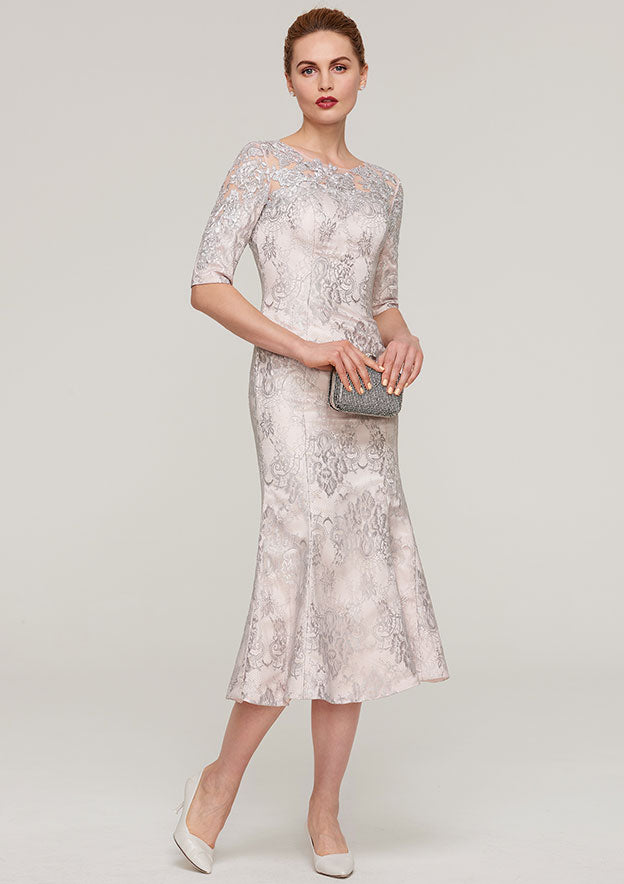 Tea-Length Lace Mother of the Bride Dress with Appliqued, Half Sleeve Bateau Sheath/Column