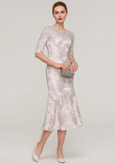 Tea-Length Lace Mother of the Bride Dress with Appliqued, Half Sleeve Bateau Sheath/Column