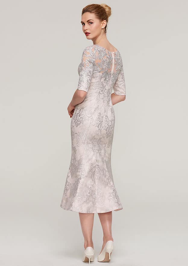 Tea-Length Lace Mother of the Bride Dress with Appliqued, Half Sleeve Bateau Sheath/Column