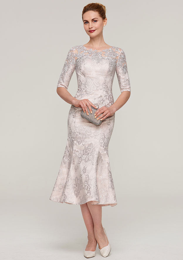Tea-Length Lace Mother of the Bride Dress with Appliqued, Half Sleeve Bateau Sheath/Column