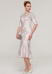 Tea-Length Lace Mother of the Bride Dress with Appliqued, Half Sleeve Bateau Sheath/Column