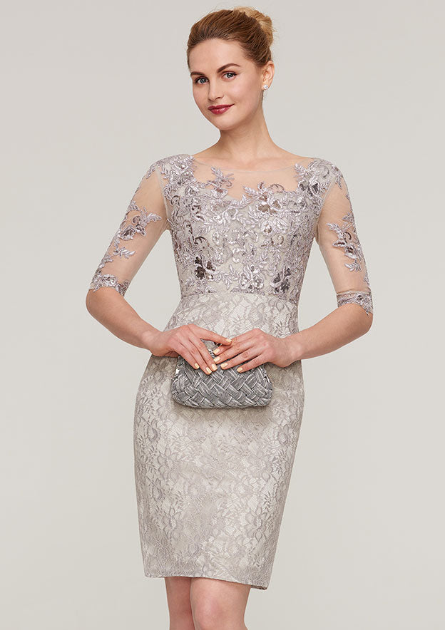 Knee-Length Lace Mother of the Bride Dress with Sequins Appliqued, Half Sleeve Bateau Sheath/Column
