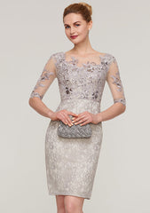 Knee-Length Lace Mother of the Bride Dress with Sequins Appliqued, Half Sleeve Bateau Sheath/Column