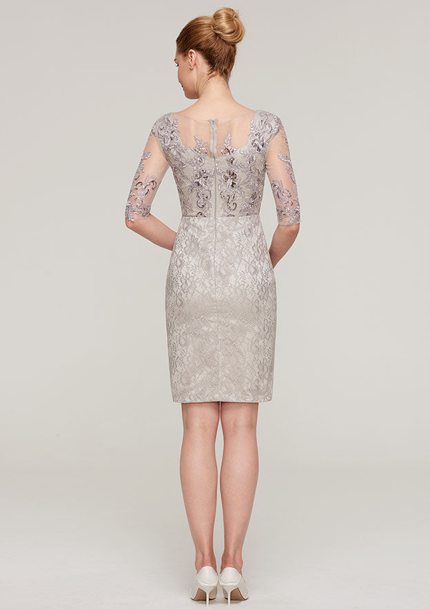 Knee-Length Lace Mother of the Bride Dress with Sequins Appliqued, Half Sleeve Bateau Sheath/Column