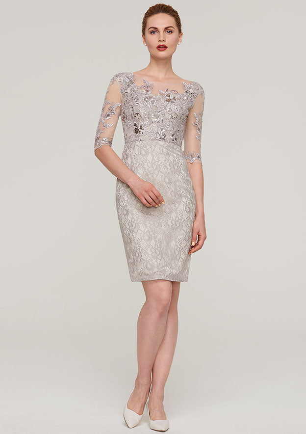 Knee-Length Lace Mother of the Bride Dress with Sequins Appliqued, Half Sleeve Bateau Sheath/Column