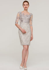 Knee-Length Lace Mother of the Bride Dress with Sequins Appliqued, Half Sleeve Bateau Sheath/Column