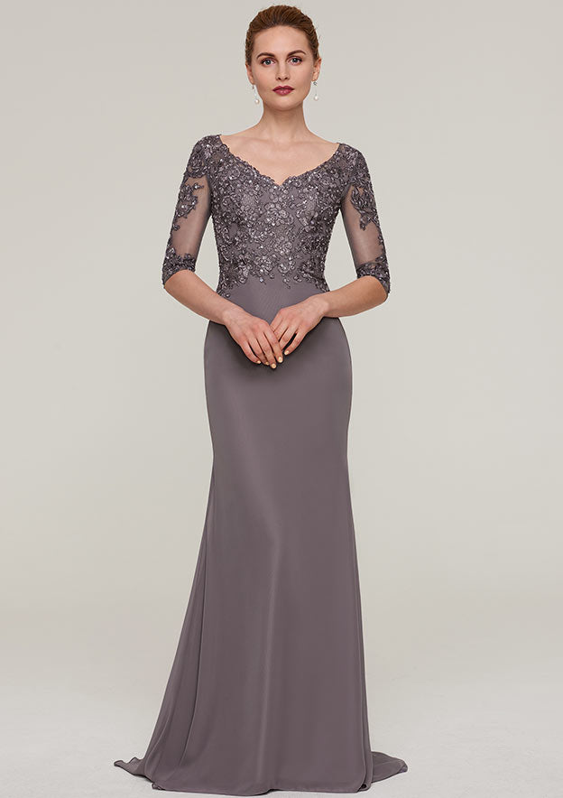 Sweep Train Chiffon Mother of the Bride Dresses with Appliqued Beading, Half Sleeve V Neck Sheath/Column