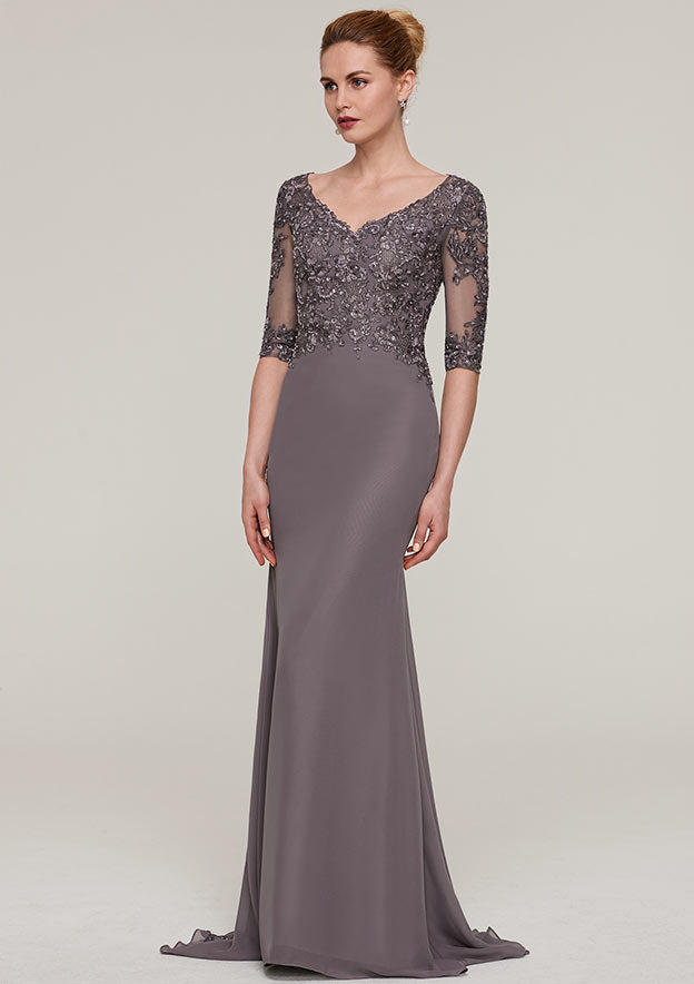 Sweep Train Chiffon Mother of the Bride Dresses with Appliqued Beading, Half Sleeve V Neck Sheath/Column