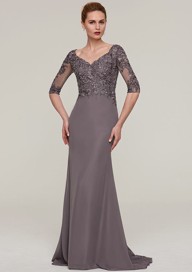 Sweep Train Chiffon Mother of the Bride Dresses with Appliqued Beading, Half Sleeve V Neck Sheath/Column