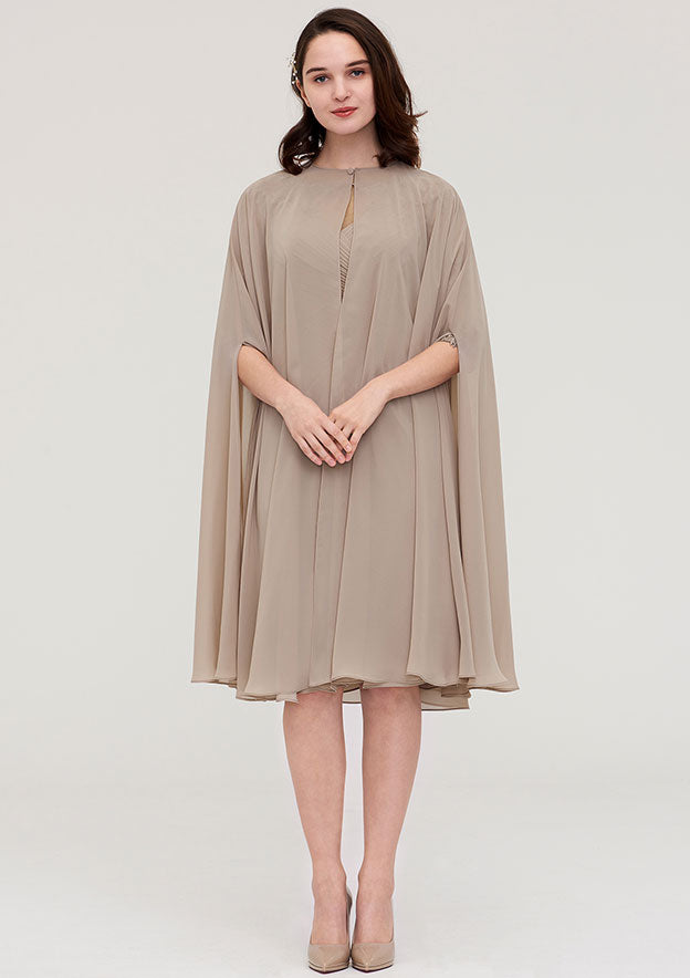 Knee-Length Chiffon Mother of the Bride Dress with Jacket Appliqued Pleated, Half Sleeve Bateau Sheath/Column