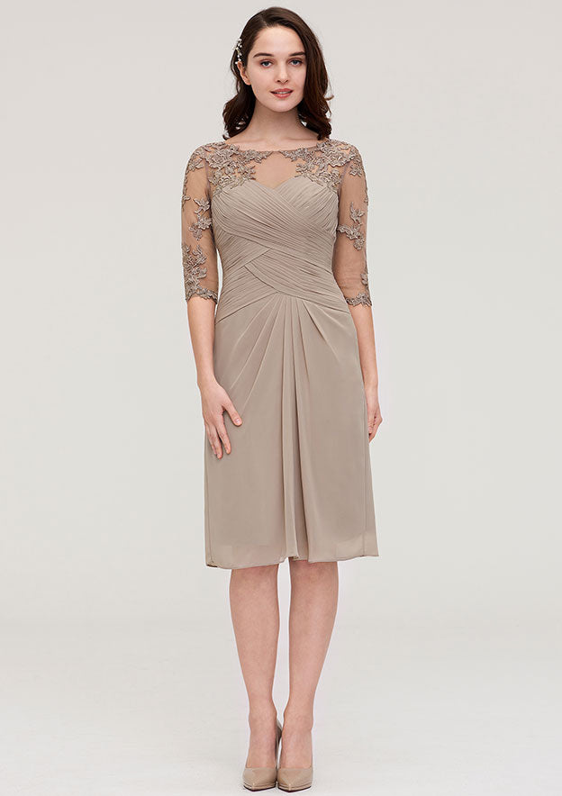 Knee-Length Chiffon Mother of the Bride Dress with Jacket Appliqued Pleated, Half Sleeve Bateau Sheath/Column