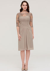 Knee-Length Chiffon Mother of the Bride Dress with Jacket Appliqued Pleated, Half Sleeve Bateau Sheath/Column