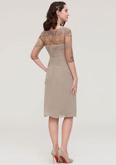 Knee-Length Chiffon Mother of the Bride Dress with Jacket Appliqued Pleated, Half Sleeve Bateau Sheath/Column