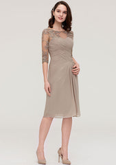 Knee-Length Chiffon Mother of the Bride Dress with Jacket Appliqued Pleated, Half Sleeve Bateau Sheath/Column