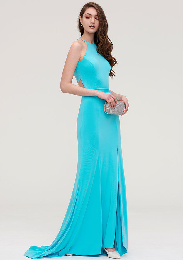 Scoop Neck Sleeveless Jersey Sheath/Column Evening Dress with Floor-Length Design