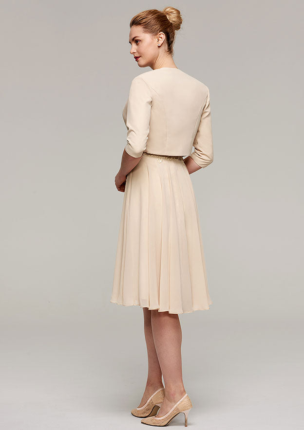 Knee-Length Chiffon Mother of the Bride Dress with Appliqued Jacket, Sleeveless Bateau A-line