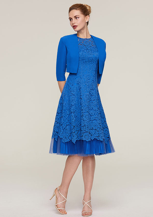Knee-Length Lace Mother of the Bride Dress with Jacket, Sleeveless Scoop Neck A-line