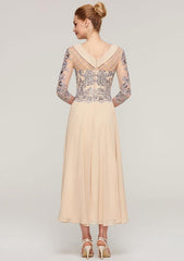 Tea-Length Chiffon Mother of the Bride Dress with Sequins Beading Lace, 3/4 Sleeve Bateau A-line