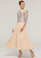 Tea-Length Chiffon Mother of the Bride Dress with Sequins Beading Lace, 3/4 Sleeve Bateau A-line