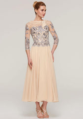 Tea-Length Chiffon Mother of the Bride Dress with Sequins Beading Lace, 3/4 Sleeve Bateau A-line