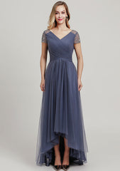 Asymmetrical Tulle Mother of the Bride Dress with Sequins Beading Pleated, Short Sleeve V Neck A-line